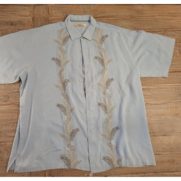 TOMMY BAHAMA MENS BLUE BUTTON UP LINEN BLEND SHIRT XXL EMBROIDERED PALM TREES - Picture 1 of 7